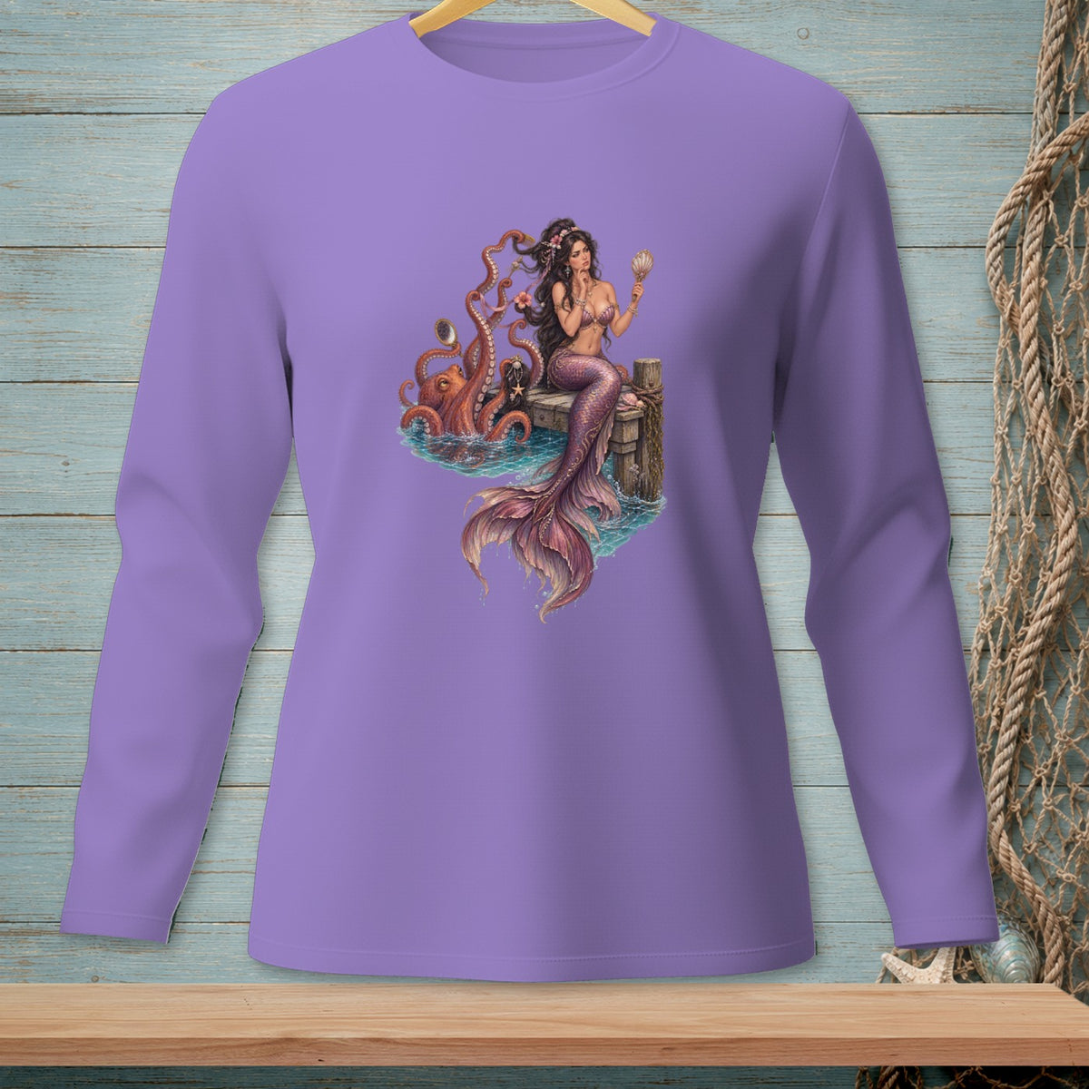 Mermaid on a dock with an octopus in the water, holding a seashell.