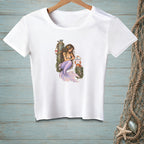 White t-shirt with a mermaid sitting on a dock, holding a sign that says "BE INTERESTING."