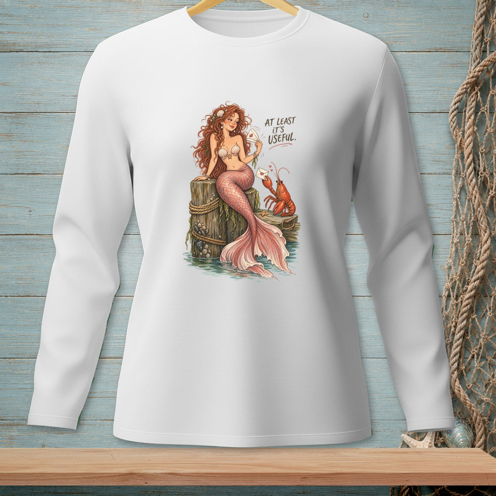 Mermaid with pink tail and lobster holding letters that read "AT LEAST IT'S USEFUL."