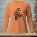 Orange long sleeve shirt with a mermaid sitting on a rock with a crab holding a sign.