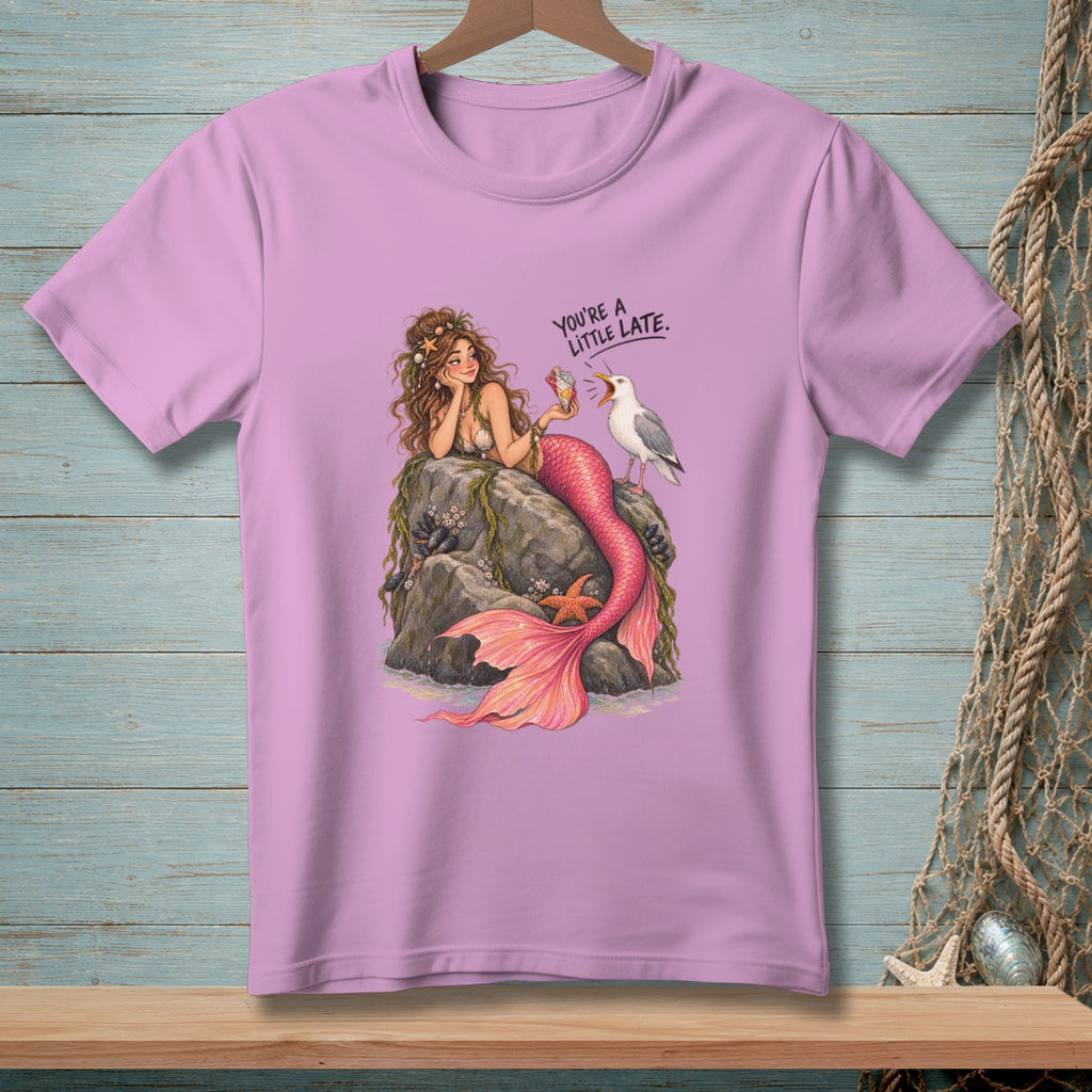 Mermaid holding an ice cream with a seagull and text "YOU'RE A LITTLE LATE."