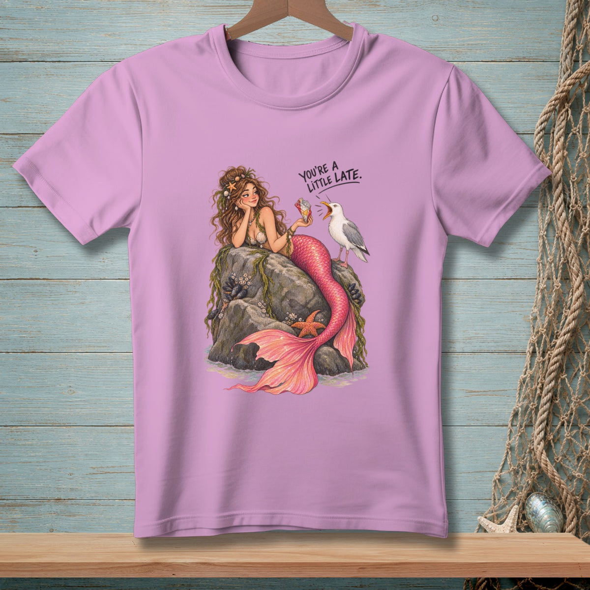 Mermaid holding an ice cream with a seagull and text "YOU'RE A LITTLE LATE."