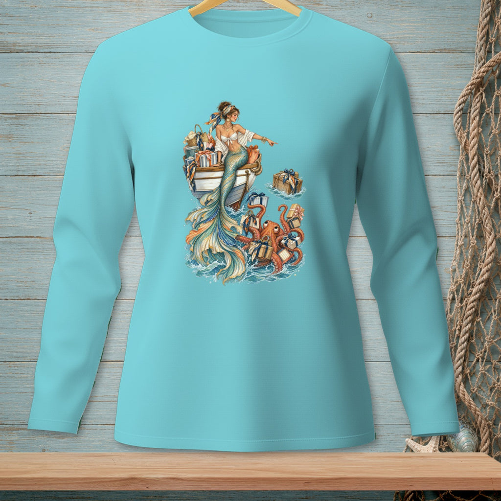 Mermaid and octopus carrying gifts on a boat with presents.