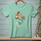 Mermaid with cocktails and octopus by a buoy, artwork on a mint green t-shirt.