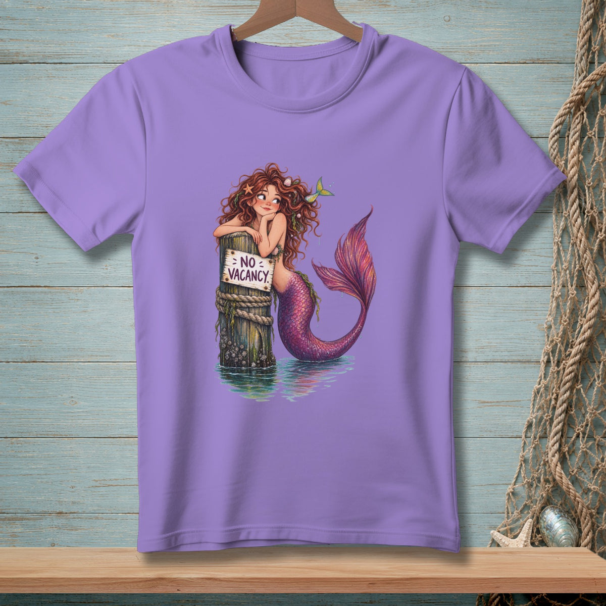 Illustration of a mermaid resting on a post with a "No Vacancy" sign.