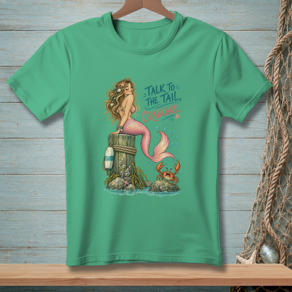 Mermaid on post with crab, text "Talk to the Tail, Crabcake."
