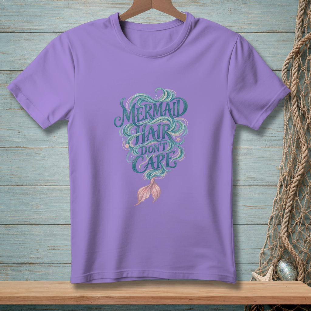 Purple t-shirt with "Mermaid Hair Don't Care" text and mermaid tail.
