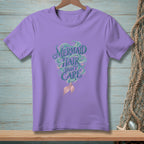 Purple t-shirt with "Mermaid Hair Don't Care" text and mermaid tail.
