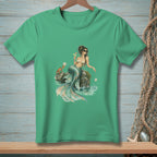 Mermaid with cocktail and crab on rock in ocean, printed on a green t-shirt.