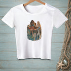 Three mermaids gather around an antique record player on a pier over water.