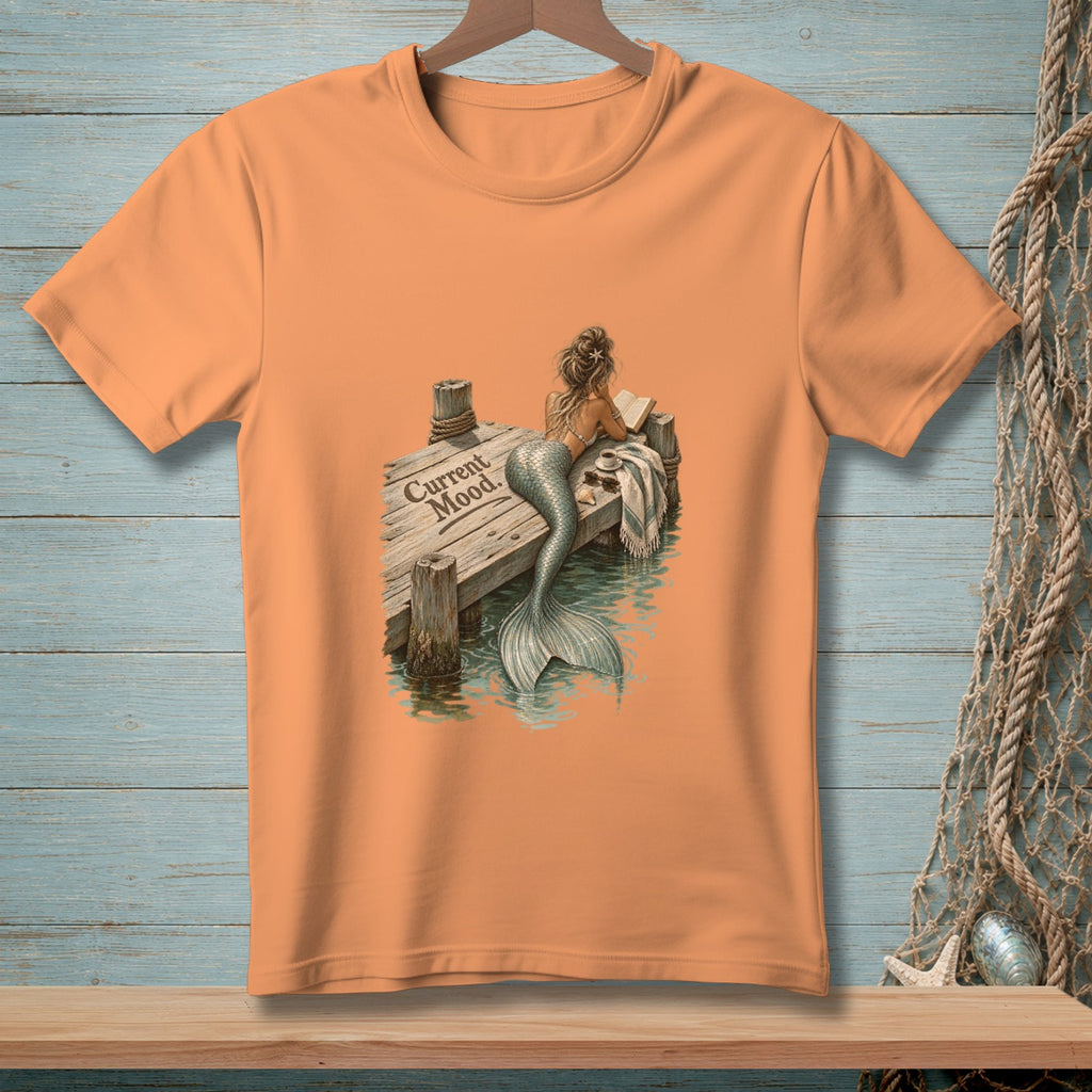 Mermaid reading on a dock with text "Current Mood."
