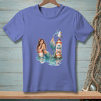 Mermaid leans on buoy with "No Wake" sign and seagull.