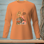 Mermaid with crab on rock, holding cocktail, with text "MINE'S BIGGER."