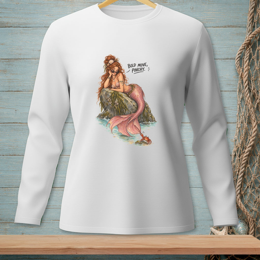 Long sleeve white t-shirt with a mermaid and crab graphic and text "Bold move, pinchy."