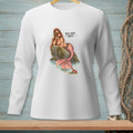 Long sleeve white t-shirt with a mermaid and crab graphic and text "Bold move, pinchy."