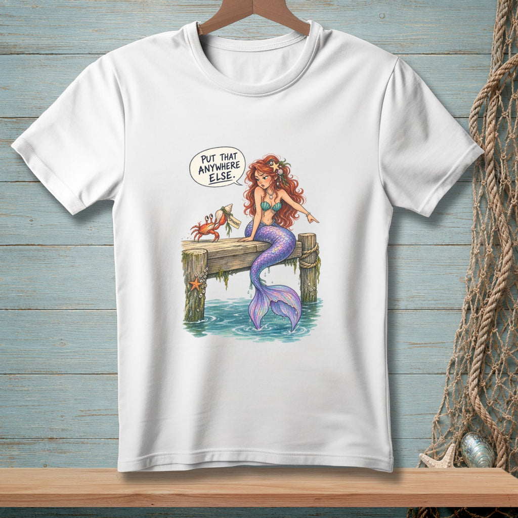 Mermaid and crab on dock with text "Put that anywhere else."