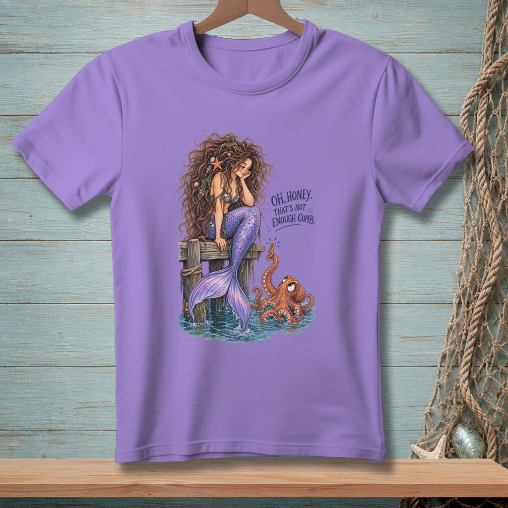 Mermaid with messy hair sitting on pier next to octopus holding comb, with text.