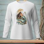 White long-sleeve shirt with a mermaid illustration featuring jellyfish and underwater elements.