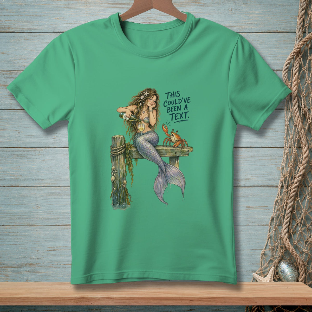 Mermaid pours wine for a crab with text "This could've been a text".