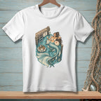 Illustration of a mermaid relaxing on a dock with a drink and a sign that says "Share the water."