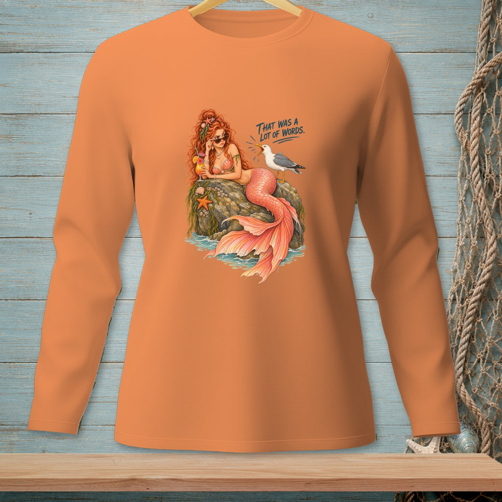 Mermaid with cocktail and seagull, text reads "That was a lot of words."