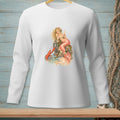 White long-sleeved shirt with a graphic of a mermaid and lobster near a bottle of champagne.