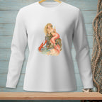 White long-sleeved shirt with a graphic of a mermaid and lobster near a bottle of champagne.