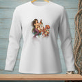 Mermaid and octopus holding sign "circle back never" on white long-sleeve shirt.