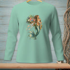 Mint long sleeve shirt with mermaid holding flowers, wine, and bread.