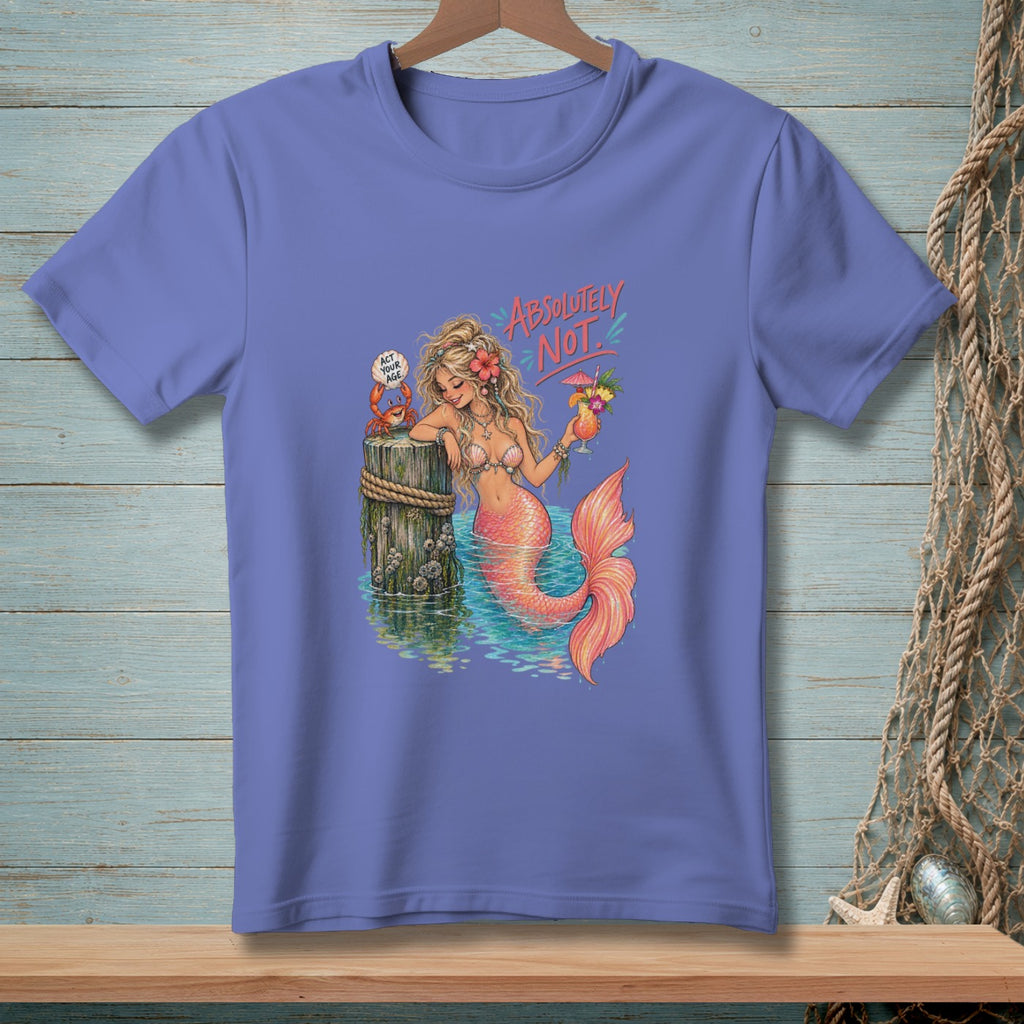 T-shirt with a mermaid holding a cocktail, crab, and "Absolutely Not" text.
