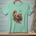 Mermaid with lobster and text "AND?" on a light green t-shirt.