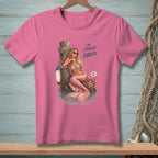 Pink t-shirt with a mermaid on a dock, holding a drink, with text "I'M LITERALLY CHILLED."