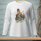 Long-sleeved white shirt with a mermaid sitting on rocks, holding a drink, with two crabs.