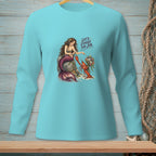 Mermaid with lobster and flowers on a teal shirt with text "LET'S FINISH THE JOB".