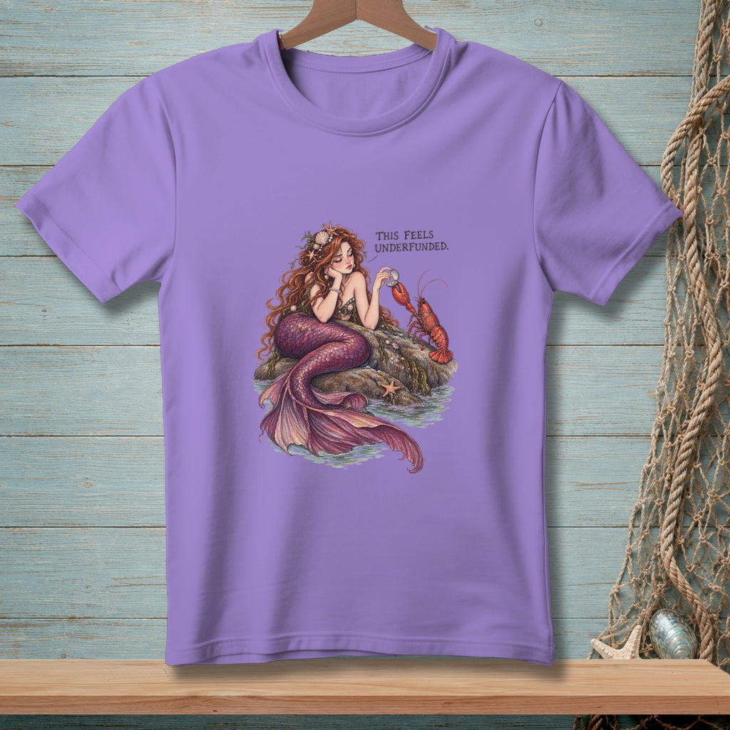 Purple t-shirt with mermaid and lobster graphic and text.