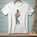 White t-shirt with illustration of a mermaid drinking from a glass while sitting on a post.