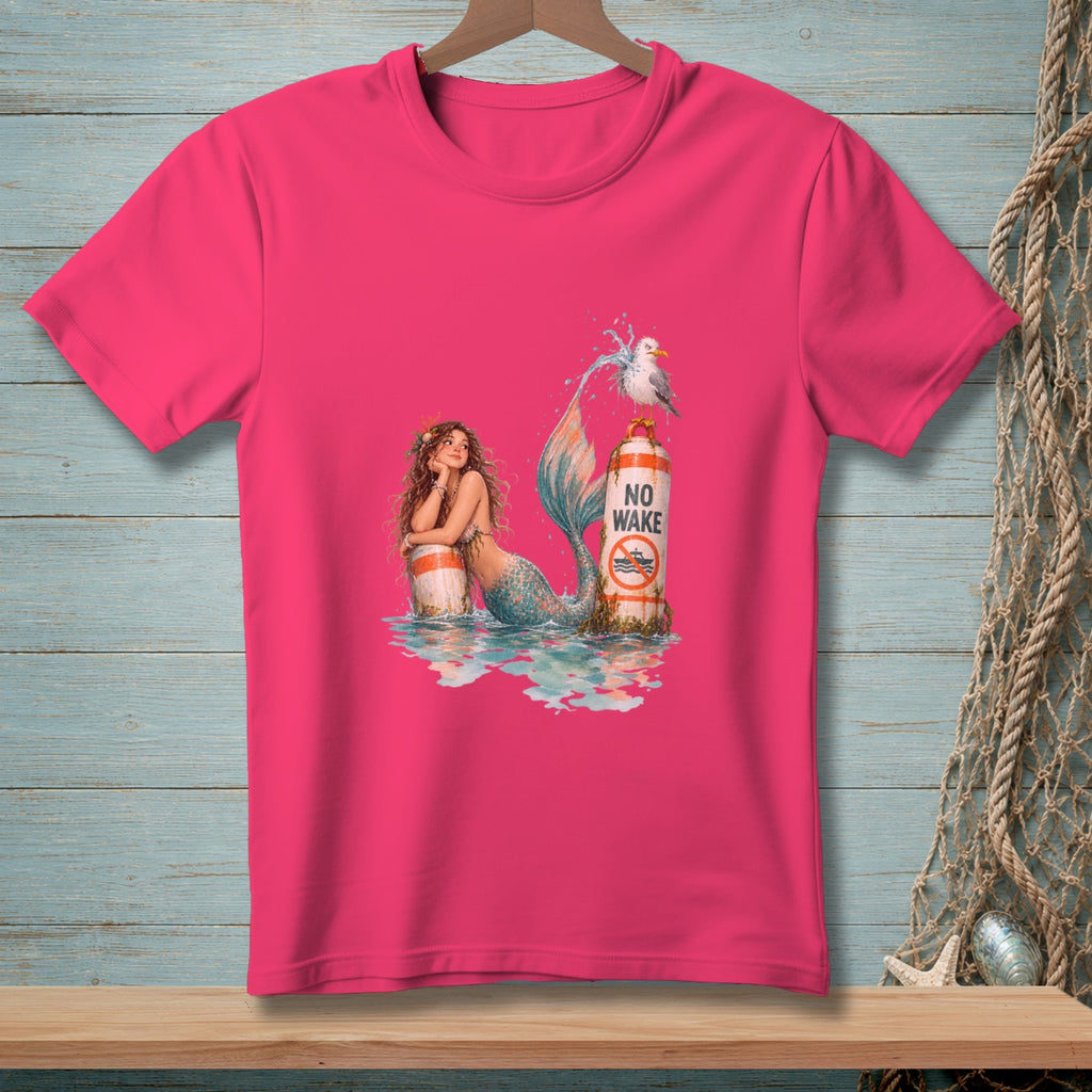 Mermaid with seagull on "No Wake" buoy and barrel in water.