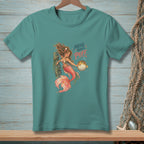 Teal t-shirt with a mermaid holding a pufferfish and the text "Move Your Puff."