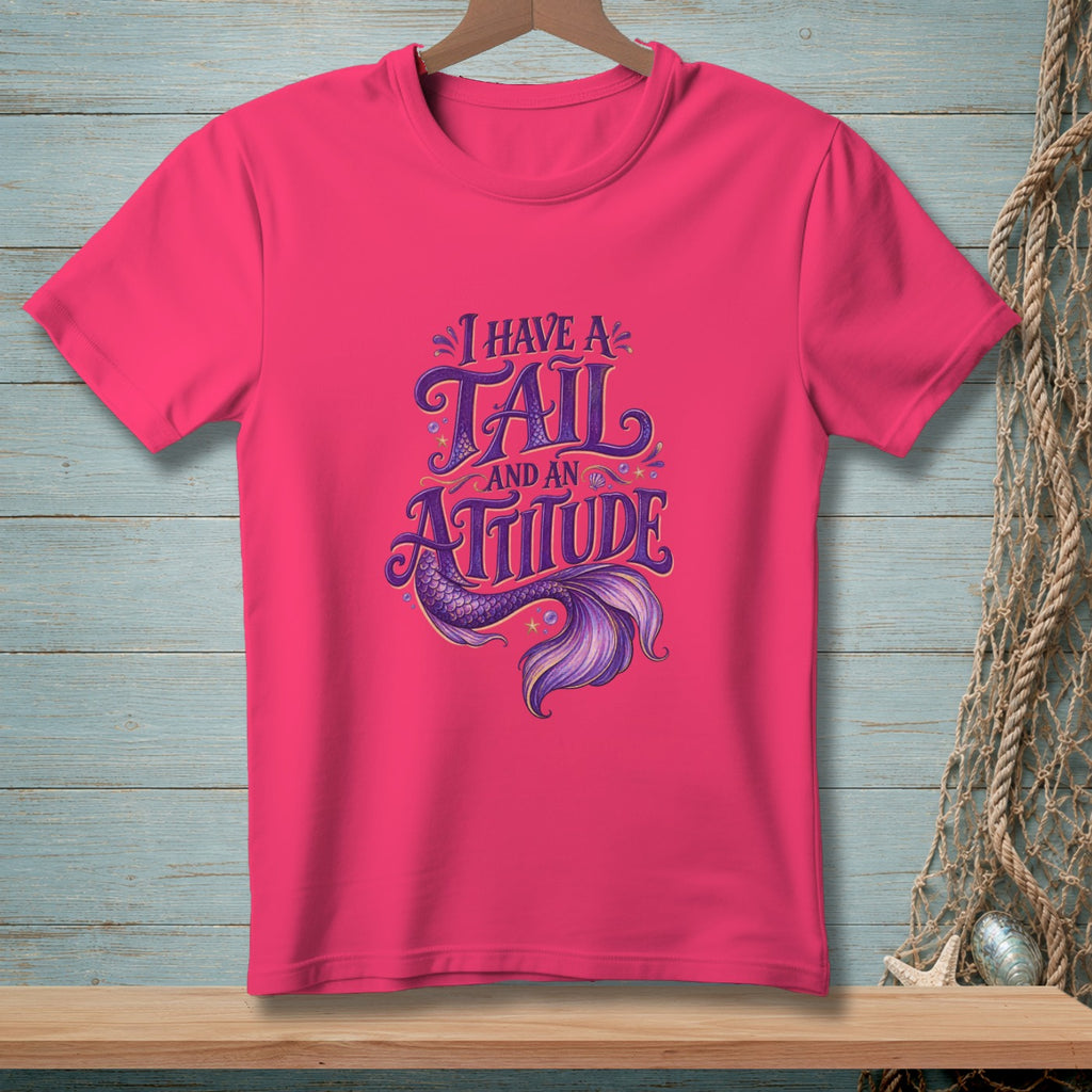 Pink t-shirt with text "I have a tail and an attitude" and a mermaid tail.