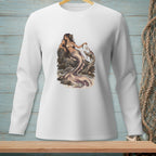 White long-sleeve shirt with a mermaid sitting on rocks by the ocean.