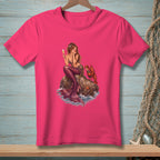 Mermaid with lobster and champagne glass on a rock in the ocean.