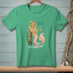 Green t-shirt with a mermaid, fish, and text that reads "Now I'm Ready".