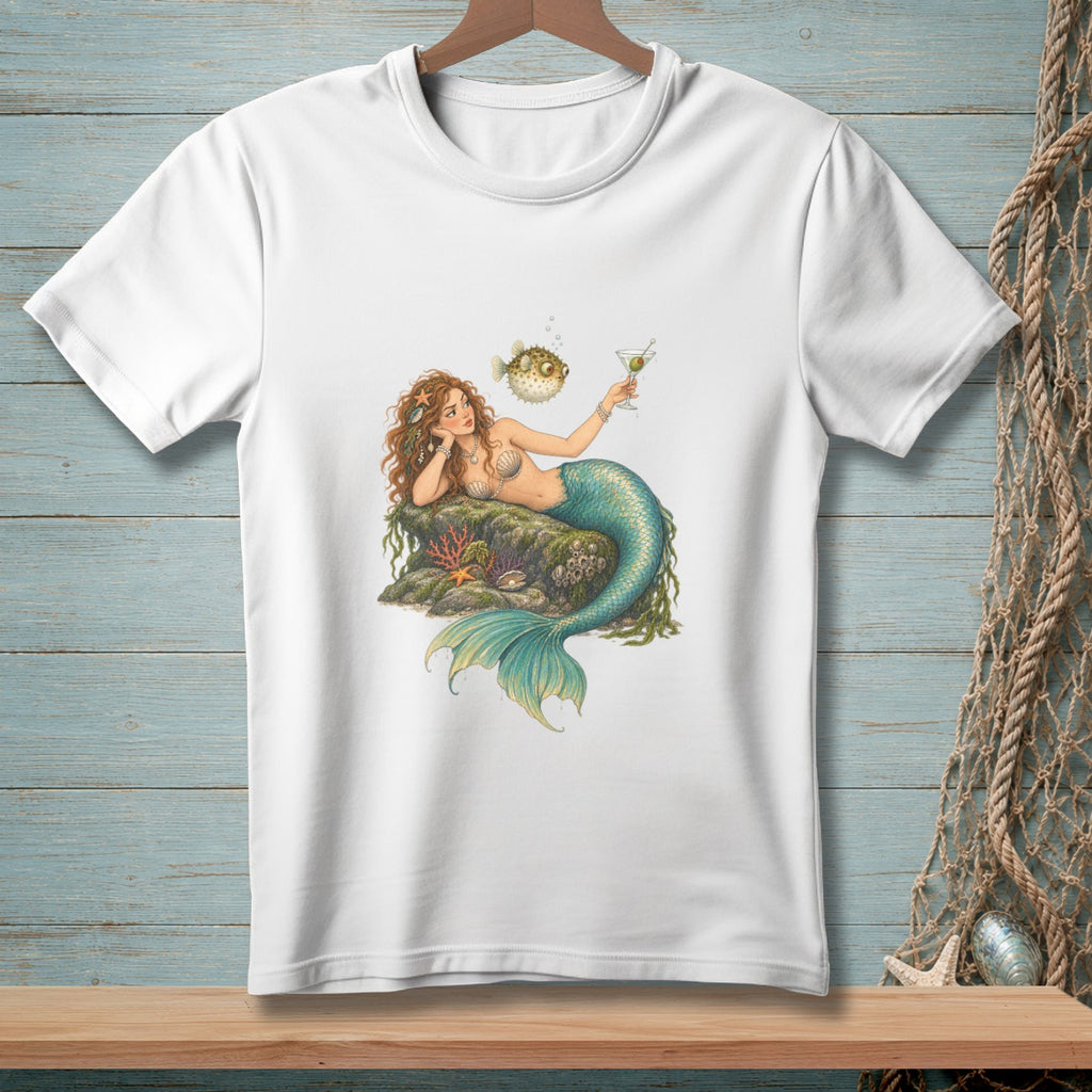 White t-shirt with a graphic of a mermaid holding a martini and a pufferfish.