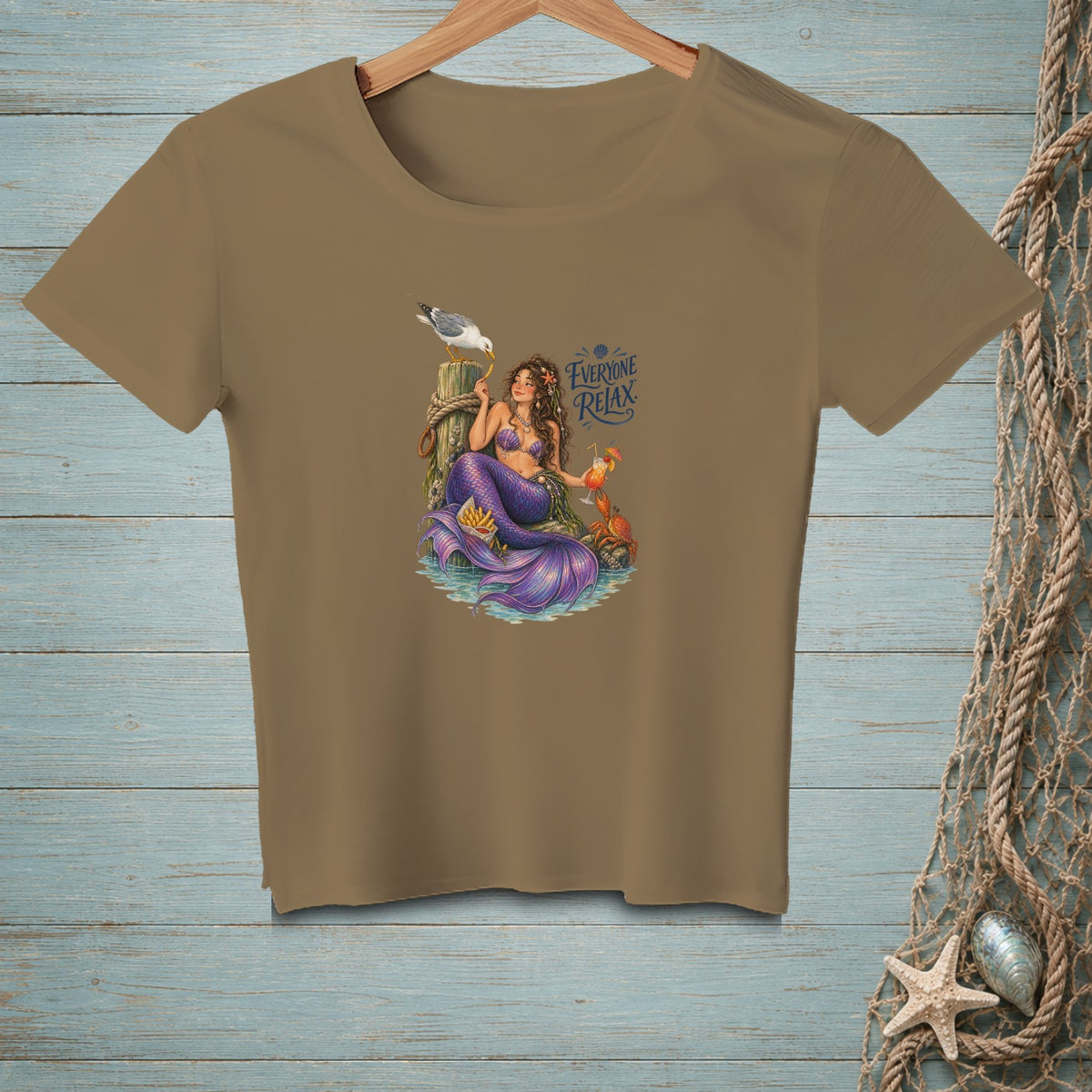 Mermaid with a seagull and cocktail on a dock with "Everyone Relax" text.