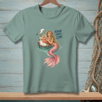 Green t-shirt with a mermaid holding a wine glass and a seagull on a buoy, with text "KNOW YOUR LANE."