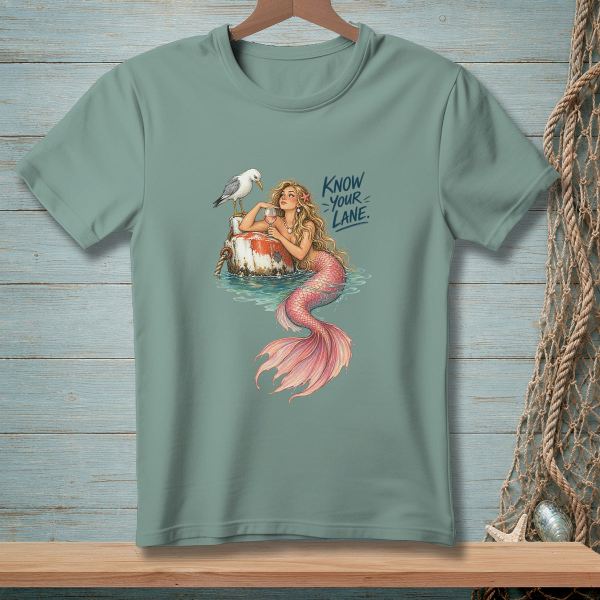Green t-shirt with a mermaid holding a wine glass and a seagull on a buoy, with text "KNOW YOUR LANE."