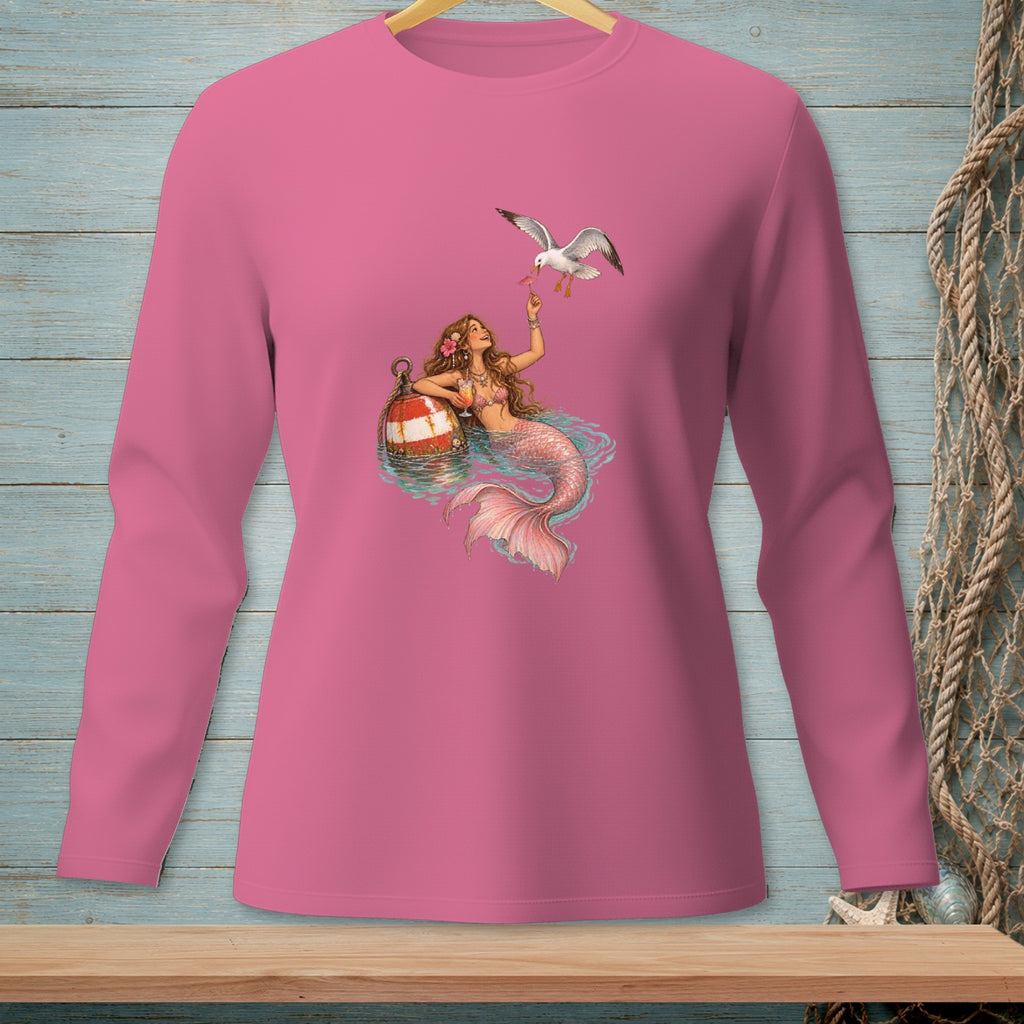 Pink long-sleeve shirt with mermaid, seagull, and nautical buoy graphic.