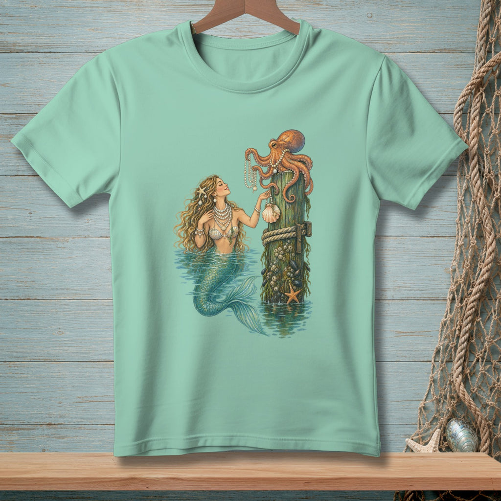 Mermaid and octopus with pearls on wooden post in water graphic.