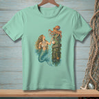 Mermaid and octopus with pearls on wooden post in water graphic.