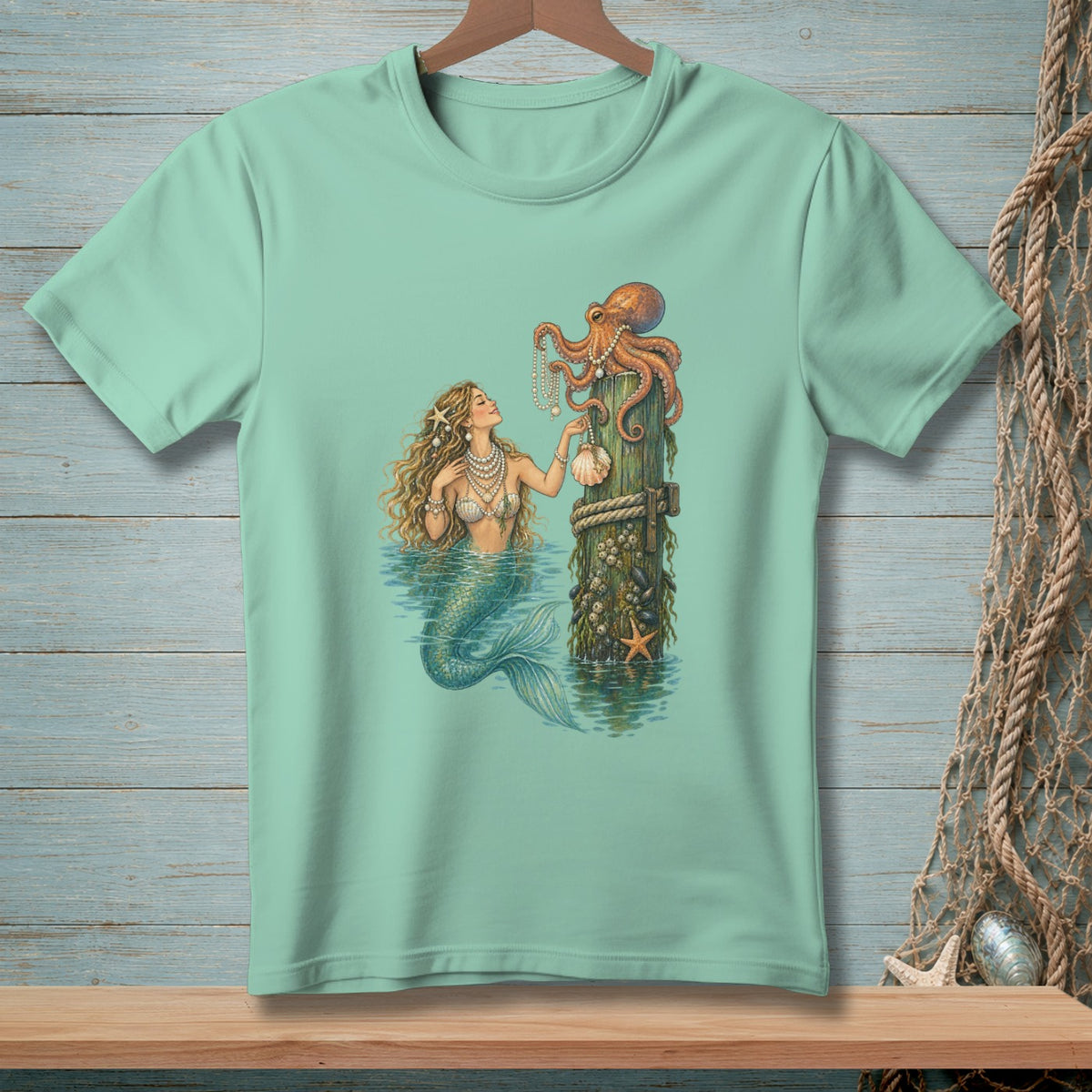Mermaid and octopus with pearls on wooden post in water graphic.